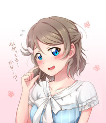  alternate_hairstyle blue_eyes blush brown_hair collarbone commentary_request cosplay female hair_ornament half_updo looking_at_viewer love_live! love_live!_sunshine!! sakurauchi_riko sakurauchi_riko_(cosplay) shirosuke_46 short_hair solo translated upper_body watanabe_you 