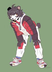  5_fingers ambiguous_gender anthro avoid_posting bear black_nose clothed clothing digital_media_(artwork) fingers footwear fur giant_panda hair hi_res mammal murkbone open_mouth shoes signature simple_background smile sneakers solo teeth tongue 