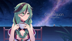  bare_shoulders black_hair braid breasts closed_mouth coffee commentary commission cup english_commentary english_text female green_eyes green_hair hair_between_eyes hitsuki_rei holding holding_cup horizon idconnect+ lighthouse long_hair looking_away looking_to_the_side medium_breasts multicolored_hair night night_sky ocean off_shoulder outdoors short_eyebrows sky smile solo star_(sky) starry_sky thick_eyebrows twin_braids two-tone_hair upper_body virtual_youtuber watermark zhoumo 