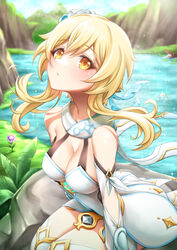  bare_shoulders blonde_hair boulder breasts cleavage collar detached_sleeves dress female flower genshin_impact gold_trim hair_between_eyes highres large_breasts leaning_forward long_hair looking_at_viewer lumine_(genshin_impact) orange_eyes outdoors royboy short_hair_with_long_locks sidelocks sitting swimsuit swimsuit_under_clothes thighhighs water white_sleeves zettai_ryouiki 