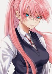  black_vest blue_eyes collared_shirt female floating_hair highres hoshi_san_3 juliet_sleeves kawaii_dake_ja_nai_shikimori-san long_hair long_sleeves looking_at_viewer neck_ribbon parted_lips pink_hair ponytail puffy_sleeves red_ribbon ribbon shikimori_(kawaii_dake_ja_nai) shirt simple_background solo upper_body vest white_background white_shirt wing_collar 