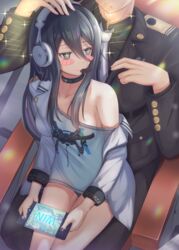  1boy bags_under_eyes black_choker black_hair black_nails choker commander_(nikke) cushion exia_(nikke) feet_out_of_frame female goddess_of_victory:_nikke hair_between_eyes handheld_game_console headpat headphones headset highres holding holding_handheld_game_console huziiro_matutya jacket long_hair military military_uniform nail_polish off_shoulder open_clothes open_jacket open_mouth panties panty_peek pantyshot playing_games purple_eyes shirt sidelocks simple_background sitting sitting_on_lap sitting_on_person underwear uniform white_jacket white_shirt 