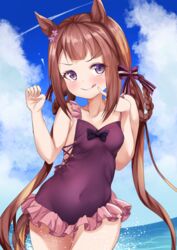  :q animal_ears bare_arms bare_shoulders black_bow blue_sky blush bow braid braided_hair_rings breasts brown_hair casual_one-piece_swimsuit closed_mouth cloud cloudy_sky collarbone commentary_request covered_navel day female flower frilled_one-piece_swimsuit frills hair_flower hair_ornament hair_rings hands_up highres horizon horse_ears horse_girl horse_tail long_hair looking_at_viewer low_twintails ocean official_alternate_costume one-piece_swimsuit outdoors purple_eyes purple_flower purple_one-piece_swimsuit setu_(shining12) sky small_breasts smile solo sweep_tosho_(monopolizing_the_chill?)_(umamusume) sweep_tosho_(umamusume) swimsuit tail tongue tongue_out twin_braids twintails umamusume v-shaped_eyebrows very_long_hair water 