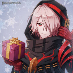  1boy black_coat box christmas coat eeveetachi eyeshadow fate/grand_order fate_(series) gift gift_box gift_wrapping gloves green_eyes hair_over_one_eye highres holding holding_gift hood hood_up karna_(fate) karna_(santa)_(fate) looking_at_viewer makeup male_focus pale_skin pink_hair red_gloves short_hair smile snowflakes solo tsurime upper_body 