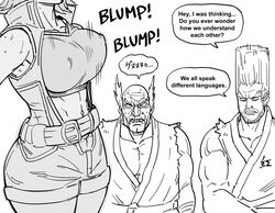  2boys abs absurdres bald bb_(baalbuddy) bouncing_breasts breasts covered_nipples english_commentary english_text facial_hair female greyscale highres japanese_clothes kazama_asuka midriff mishima_heihachi monochrome moustache multiple_boys muscular muscular_male navel paul_phoenix sideburns simple_background speech_bubble stubble sweat tekken tekken_5 