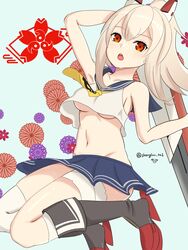  :o absurdres asymmetrical_legwear ayanami_(azur_lane) azur_lane bandaged_leg bandages bare_shoulders black_footwear blonde_hair blue_background blue_sailor_collar blue_skirt blush boots breasts collarbone commentary_request crop_top female floral_background full_body gimp_(medium) groin hair_between_eyes hair_ornament headgear high_ponytail highres holding holding_sword holding_weapon knee_boots kneehighs long_hair looking_at_viewer medium_breasts midriff navel neckerchief pleated_skirt ponytail red_eyes rudder_footwear sailor_collar sakura_empire_(emblem) shanghai_kani shirt sidelocks single_kneehigh single_sock single_thighhigh skindentation skirt socks solo sword teeth thighhighs twitter_username underboob uneven_legwear upper_teeth_only weapon white_socks white_thighhighs yellow_neckerchief 