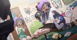  3girls =_= absurdres ahoge air_conditioner anger_vein angry bare_shoulders barefoot black_skirt blue_eyes blue_hair book bracelet brand_name_imitation calendar_(object) camisole can chips_(food) closed_eyes door elma_(maidragon) english_text engrish_text food green_camisole green_shorts grey_shirt gundam hair_between_eyes hairband haro highres hiiragi_kagami hiiragi_tsukasa holding holding_book hyouka indoors izumi_konata jewelry kagamin_boo kanna_kamui kobayashi-san_chi_no_maidragon kyoto_animation long_hair long_sleeves looking_at_another lucky_star lucoa_(maidragon) lying midriff minakami_mai miniskirt mole mole_under_eye multiple_girls naganohara_mio navel nichijou on_stomach open_book open_mouth pleated_skirt pocky poster_(object) potato_chips purple_hair ranguage shirt short_hair shorts sitting skirt sleeveless smile speech_bubble spoken_character stuffed_animal stuffed_toy suzumiya_haruhi suzumiya_haruhi_no_yuuutsu sweatdrop the_pose tohru_(maidragon) twintails wariza waterkuma white_shirt yellow_eyes yellow_hairband 