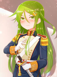  alternate_costume blush closed_mouth crescent crescent_hair_ornament epaulettes female gloves green_eyes green_hair hair_ornament highres holding holding_sword holding_weapon jacket kantai_collection long_hair long_sleeves military military_uniform nagatsuki_(kancolle) sheath sheathed solo suzushiro_(gripen39) sword uniform upper_body weapon white_gloves 