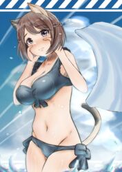  absurdres animal_ears bikini blue_bikini blush braid breasts brown_eyes brown_hair cat_ears cat_girl cat_tail cleavage closed_mouth female highres large_breasts looking_at_viewer luminous_witches navel outdoors shibuya_inori short_hair sky solo swimsuit tail tama_kitsune wading world_witches_series 