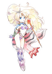  armor bikini_armor blonde_hair blue_eyes boots breasts cape detached_sleeves earrings esper_(saga_2) female full_body gloves holding holding_staff jewelry long_hair looking_at_viewer navel no_s pointy_ears saga saga_2 simple_background solo staff white_background 