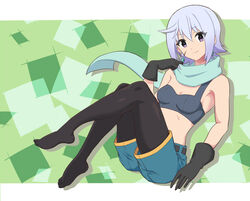  adjusting_scarf ahoge armpit_peek belt black_gloves black_pantyhose black_tank_top blue_hair blue_shorts bow breasts chris_(konosuba) cleavage closed_mouth commentary_request crop_top eyelashes female floating floating_scarf full_body gloves gradient_hair green_background green_scarf hairbow kono_subarashii_sekai_ni_shukufuku_wo! looking_at_viewer midriff miripippo multicolored_hair pantyhose patterned_background purple_eyes purple_hair scar scar_on_face scarf short_hair short_shorts shorts simple_background single_strap sleeveless small_breasts smile solo tank_top two-tone_hair 