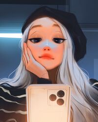  black_hat blackpink blue_eyes closed_mouth female hand_on_own_face hat head_rest highres holding holding_phone k-pop lips long_hair looking_at_phone phone real_life rose_(blackpink) sam_yang solo white_hair 