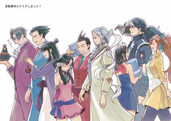  4girls 5boys animal_on_shoulder antenna_hair apollo_justice ascot athena_cykes bare_shoulders bird bird_on_shoulder black_hair blue_dress blue_headwear blue_necktie blue_suit blush bow braid brown_hair closed_eyes coffee_beans_(5offee8eans) collared_shirt cropped_jacket detached_sleeves dress facial_mark forehead_mark formal from_side glasses gloves green_eyes green_necktie grey_hair grin gyakuten_saiban hair_rings half_updo hanten_(clothes) hat hawk jacket japanese_clothes kimono long_hair long_sleeves magatama maya_fey miles_edgeworth multicolored_hair multiple_boys multiple_girls nahyuta_sahdmadhi naruhodou_ryuuichi neckerchief necktie open_mouth orange_hair pants partially_fingerless_gloves phoenix_wright:_ace_attorney_-_spirit_of_justice pink_dress pink_sash profile purple_bow purple_jacket rayfa_padma_khura&#039;in red_neckerchief red_necktie red_pants red_sleeves red_vest sash shirt short_hair side_ponytail sidelocks simon_blackquill simple_background skirt smile sparkle standing suit sweatdrop taka_(ace_attorney) tiara top_hat topknot trucy_wright two-tone_hair vest waist_bow white_ascot white_hair white_shirt yellow_jacket yellow_skirt 