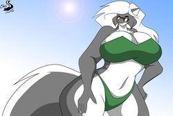  3:2 anthro big_breasts bikini breasts chrisandcompany clothing eyewear female hi_res huge_breasts kelsey_sienna mammal mephitid skunk small_head solo sun sunglasses swimwear 