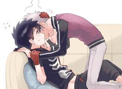  2boys black_hair blush boy_on_top child_on_child commentary_request embarrassed faceless faceless_male flustered from_side hands_on_another&#039;s_face highres imminent_kiss implied_yaoi kemono_jihen kusaka_kabane lolicon looking_at_another male_focus multiple_boys nervous open_mouth profile shy tademaru_shiki touching wao_(77_af5) yaoi 