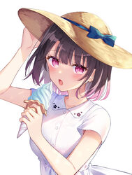  arm_up black_hair blue_bow blush bow breasts brown_hat collarbone collared_dress commentary_request dress female food hand_on_headwear hat hat_bow holding holding_food ice_cream ice_cream_cone looking_at_viewer multicolored_hair official_art open_mouth pink_hair purple_eyes satou_koharu shio_taiou_no_satou-san_ga_ore_ni_dake_amai short_sleeves simple_background small_breasts soft_serve solo sun_hat sundress tetsu_tissue two-tone_hair upper_body white_background white_dress 