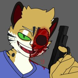  1:1 anthro blood bodily_fluids bone clothed clothing cyberrodrigo felid feline gore gun half_face hi_res holding_gun holding_object holding_ranged_weapon holding_weapon humanoid leopardus male mammal ocelot ranged_weapon rodrigo_(cyberrodrigo) skull smile smiling_at_viewer solo weapon 