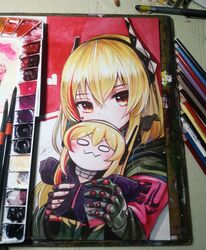  armband art_tools_in_frame blonde_hair female gangbyeon girls&#039;_frontline gloves headgear heart holding jacket long_hair looking_at_viewer m4_sopmod_ii_(girls&#039;_frontline) m4_sopmod_ii_jr multicolored_hair pencil photo_(medium) red_hair sidelocks signature streaked_hair traditional_media upper_body 