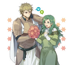  1boy aged_down armor beard black_gloves brown_eyes brown_hair closed_mouth commentary_request dress facial_hair female fire_emblem fire_emblem:_three_houses flower gloves green_eyes green_hair jeralt_reus_eisner kkomcce long_hair long_sleeves open_mouth short_hair sitri_(fire_emblem) 