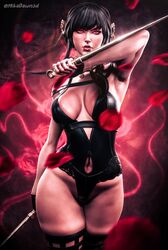  assassin big_breasts bodysuit cleavage cleavage_cutout cleavage_window knife leather leather_clothing mikadawn realistic spy_x_family stiletto_(weapon) thorn_princess yor_briar yor_forger 