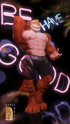  3d_(artwork) 4_fingers 4_toes 4k 9:16 absurd_res anthro bottomwear clothing countershading digital_media_(artwork) disney feet felid fingers fur ghostoast hi_res looking_at_viewer male mammal muscular muscular_anthro muscular_male navel nipples pantherine shorts smile solo standing tiger tiger_dancer_(zootopia) toes zootopia zootopia_shorts 