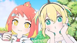  2girls :3 alternate_hairstyle amano_pikamee aqua_eyes bare_shoulders blonde_hair bright_pupils commentary day fiery_hair gyari_(imagesdawn) hairband hairstyle_switch hands_on_own_cheeks hands_on_own_face highres hikasa_tomoshika hikasa_tomoshika_(artist) hood hoodie light_blush looking_at_viewer multiple_girls nail_polish o3o outdoors pouty_lips red_hair shirt short_hair short_twintails tree twintails upper_body virtual_youtuber voms white_hoodie white_pupils white_shirt yellow_eyes yellow_nails 