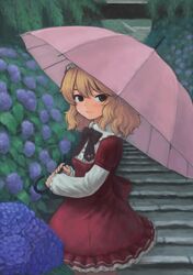  absurdres asagi_noko back_bow black_bow black_bowtie blonde_hair bow bowtie bush commentary_request cowboy_shot dress female flower frilled_dress frills green_eyes hairband highres holding holding_umbrella hydrangea idolmaster idolmaster_cinderella_girls long_sleeves looking_at_viewer medium_hair outdoors pink_umbrella purple_flower red_dress sakurai_momoka smile solo two-handed umbrella umbrella_over_shoulder wavy_hair 