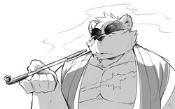  2015 anthro bear clothing eye_patch eyewear gouki_(the_spicy_ninja_scrolls) humanoid_hands kemono kinoshita-jiroh male mammal monochrome overweight overweight_anthro overweight_male robe simple_background smoking solo the_spicy_ninja_scrolls white_background 