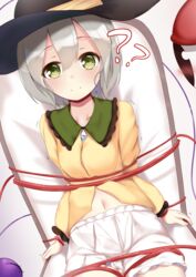  ? ?? absurdres black_hat blouse blush breasts chair closed_mouth crystal eyes_visible_through_hair female frills green_eyes grey_hair hair_between_eyes hat highres jewelry komeiji_koishi long_sleeves mantou_xiang medium_breasts shirt short_hair shorts sitting smile solo third_eye touhou white_shorts yellow_shirt 