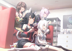  4girls absurdres ahoge animal_ear_fluff animal_ears bare_shoulders black_hair black_serafuku blue_eyes breasts brown_eyes brown_hair cat_ears cat_girl character_doll commentary controller couch dog_ears dog_girl fox_ears fox_girl fubuzilla_(shirakami_fubuki) game_controller highres holding holding_controller holding_game_controller hololive hololive_gamers indoors inugami_korone inugami_korone_(1st_costume) jacket looking_away miofa_(ookami_mio) multiple_girls nekomata_okayu nekomata_okayu_(1st_costume) oerba_yun_fang on_couch onigirya_(nekomata_okayu) ookami_mio ookami_mio_(1st_costume) open_mouth purple_eyes purple_hair ribbon-trimmed_thighhighs ribbon_trim sailor_collar school_uniform serafuku shirakami_fubuki shirakami_fubuki_(1st_costume) shirt sitting sleeveless sleeveless_shirt small_breasts smile sukonbu_(shirakami_fubuki) tail thigh_strap thighhighs tokaki virtual_youtuber white_hair white_sailor_collar white_thighhighs wolf_ears wolf_girl wolf_tail yellow_eyes yellow_jacket yokozuwari 