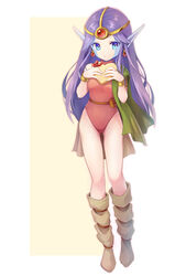  box breasts earrings esper_(saga) female full_body heart-shaped_box jewelry leotard long_hair looking_at_viewer no_s pointy_ears purple_hair saga saga_1 simple_background solo white_background 