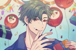  1boy 3di_project absurdres amel3di balloon box collared_shirt fingernails food food_on_face gift gift_box gradient_background green_hair highres jortun_leventor male_focus red_eyes shirt short_hair solo tongue tongue_out virtual_youtuber 