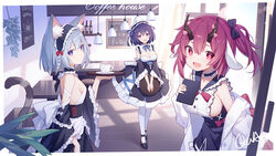  3girls :d animal_ears bare_shoulders black_choker black_dress black_hair black_skirt bow breasts bright_pupils cafe cat_(masterwork_apocalypse) cat_ears cat_girl cat_tail chinese_commentary choker cleavage coat coffee commentary_request detached_sleeves dress frilled_choker frilled_shirt frilled_shirt_collar frills grey_hair hairbow high-waist_skirt highres holding horns indoors large_breasts long_sleeves looking_at_viewer maid maid_cafe maid_headdress masterwork_apocalypse miniskirt moeran_(masterwork_apocalypse) multiple_girls no_bra off_shoulder one_side_up open_clothes open_coat open_mouth plum_blossom_(masterwork_apocalypse) purple_hair quan_(kurisu_tina) red_eyes shirt short_hair sideboob skirt sleeveless sleeveless_shirt small_breasts smile tail tail_raised white_coat white_shirt wide_sleeves 