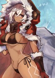  azur_lane bikini bikini_under_clothes black_bikini bodypaint breasts cloak commentary_request cowboy_shot crossed_bangs dark-skinned_female dark_skin facepaint female fur-trimmed_cloak fur-trimmed_gloves fur-trimmed_hood fur_trim gloves grin highres hood hood_up large_breasts looking_at_viewer marshall_k micro_bikini minneapolis_(azur_lane) minneapolis_(holy_night_ride)_(azur_lane) navel official_alternate_costume partial_commentary red_cloak red_eyes sack side-tie_bikini_bottom smile solo standing stomach swimsuit tattoo tribal_tattoo white_hair 