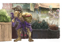  2boys animal_on_head apple barefoot box crate crystal_ball dhalsim female floating food fruit fruit_stand highres menat multiple_boys muscular muscular_male on_head oro_(street_fighter) purple_hair sora-bakabon standing street_fighter street_fighter_v tortoise turban turtle watermelon 