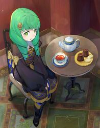  black_footwear boots bow chair commentary_request cup drill_hair female fire_emblem fire_emblem:_three_houses fire_emblem_heroes flayn_(fire_emblem) from_above garreg_mach_monastery_uniform green_eyes green_hair hair_ornament highres indoors kyufe long_hair long_sleeves parted_lips plate rug shadow sitting solo table teacup teapot yellow_bow 