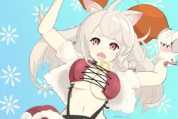  absurdres animal_ears animal_hands arms_up azur_lane bell blue_background braid breasts chicken_(food) collar commentary eyebrows_hidden_by_hair female food gimp_(medium) gloves grey_hair highres holding holding_food large_breasts long_hair looking_at_viewer midriff navel neck_bell oerba_yun_fang official_alternate_costume open_mouth paw_gloves red_eyes shanghai_kani side_braid side_ponytail sidelocks skin_fang skirt snowflake_background solo suspender_skirt suspenders tail thick_eyebrows underboob upper_body white_gloves wolf_ears wolf_tail yuudachi_(azur_lane) yuudachi_(woofy_floofy_christmas_night)_(azur_lane) 