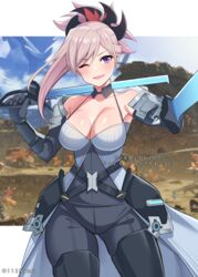  ;d absurdres bad_arm bare_shoulders black_bodysuit black_footwear bodysuit boots breasts brown_hair cleavage collarbone commentary_request commission cosplay dual_wielding ethel_(xenoblade) ethel_(xenoblade)_(cosplay) fate/grand_order fate_(series) female hair_between_eyes head_tilt highres holding holding_sword holding_weapon large_breasts long_hair looking_at_viewer miyamoto_musashi_(fate) namu_(112namu) one_eye_closed pixiv_commission purple_eyes smile solo sword thigh_boots watermark weapon xenoblade_chronicles_(series) xenoblade_chronicles_3 