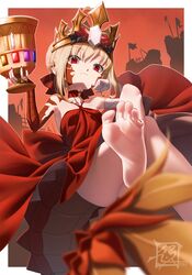  ahoge bare_shoulders barefoot blonde_hair braid breasts chalice crown cup dragon_tail dress elbow_gloves facial_mark fate/grand_order fate_(series) feet female foot_focus foot_out_of_frame french_braid gloves gold_crown hair_bun hair_intakes hair_ribbon highres legs long_hair looking_at_viewer nail_polish nero_claudius_(fate) pointed_crown pointy_ears queen_draco_(fate) queen_draco_(first_ascension)_(fate) red_dress red_eyes red_ribbon ribbon scales single_glove small_breasts soles solo spread_toes suryua tail toenail_polish toenails toes white_gloves 