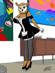  3:4 anthro avian big_breasts bird bojack_horseman brandonomegax2 breasts cleavage clothed clothing female footwear gloves handwear high_heels legwear maid_uniform netflix non-mammal_breasts owl shoes stockings uniform wanda_pierce 