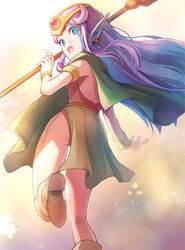  ass breasts earrings esper_(saga) female holding holding_staff jewelry leotard long_hair looking_at_viewer no_s open_mouth pointy_ears purple_hair saga saga_1 smile solo staff 