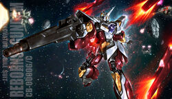  absurdres aiming asteroid beam_rifle box_art character_name energy_gun explosion fake_box_art flying funnels_(gundam) green_eyes gun gundam gundam_00 highres holding holding_gun holding_weapon looking_down mecha no_humans open_hand planet reborns_gundam robot science_fiction solo space tom_liu v-fin weapon 