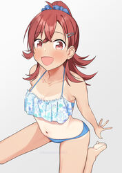  ahoge arms_behind_back bad_id bad_twitter_id barefoot bikini blue_bikini blue_scrunchie blush breasts brown_hair cleavage collarbone commentary female floral_print grey_background hair_between_eyes hair_ornament hairclip highres idolmaster idolmaster_shiny_colors inactive_account komiya_kaho kumanomi long_hair looking_at_viewer medium_breasts navel on_floor one-piece_tan open_mouth ponytail print_swimsuit red_eyes scrunchie sitting smile solo stomach swimsuit symbol-only_commentary tan tanlines thighs wariza 