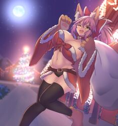  2020 @_@ animal_ear_fluff animal_ears animal_hands bell black_thighhighs breasts cat_paws christmas christmas_lights christmas_ornaments christmas_tree cleavage collar fate/grand_order fate_(series) female fox_ears fox_girl fox_tail full_moon fur-trimmed_headwear fur_trim gloves groin hair_ribbon hat highres jifuwabe jingle_bell large_breasts looking_at_viewer midriff moon navel neck_bell oerba_yun_fang one_eye_closed outdoors paw_gloves paw_shoes ponytail red_ribbon ribbon santa_bra santa_hat shoes snow solo tail tamamo_(fate) tamamo_cat_(fate) thighhighs 