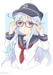  anchor_symbol bad_id bad_twitter_id bespectacled black_hat black_sailor_collar blue_background blue_eyes commentary_request cropped_torso female flat_cap glasses grey_hair hat hibiki_(kancolle) kantai_collection long_hair looking_at_viewer neckerchief red-framed_eyewear red_neckerchief saiki_yuzuri sailor_collar school_uniform serafuku solo twitter_username two-tone_background upper_body white_background 