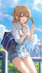  bad_id bad_twitter_id bag blonde_hair blue_bow blue_bowtie blue_skirt blue_sky blush bow bowtie brown_eyes building cloud collared_shirt dotz double_popsicle dress_shirt female food hands_up highres holding holding_food long_sleeves looking_at_viewer open_mouth original outdoors plaid plaid_skirt pleated_skirt popsicle school_bag school_uniform shirt short_hair skirt sky smile solo standing tree unequal_popsicle_division utility_pole white_shirt 