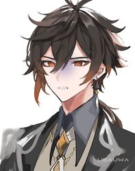  1boy bad_id bad_twitter_id bishounen black_hair brown_hair coat earrings genshin_impact gradient_hair hair_between_eyes jewelry long_hair male_focus multicolored_hair necktie orange_eyes parted_lips ponytail portrait shaded_face signature simple_background single_earring solo tassel tassel_earrings ueauwa white_background white_necktie zhongli_(genshin_impact) 