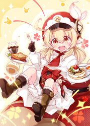  :d ahoge bloomers bread bread_slice brown_footwear brown_gloves cabbie_hat chef clover_print commentary_request cream cream_on_face cupcake dodoco_(genshin_impact) female fish-flavored_toast_(genshin_impact) food food_on_face fork fruit genshin_impact gloves hair_between_eyes harada_(sansei_rain) hat hat_feather hat_ornament highres holding holding_fork jumpy_dumpty klee_(genshin_impact) kneehighs light_brown_hair lighter-than-air_pancake_(genshin_impact) long_hair long_sleeves looking_at_viewer official_alternate_costume open_mouth orange_eyes pancake plate sidelocks sitting smile socks solo strawberry toast underwear 