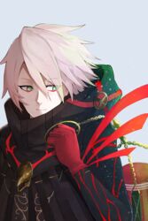  1boy absurdres bad_id bad_pixiv_id black_coat christmas coat colored_skin eyeshadow fate/grand_order fate_(series) gloves gradient_hair green_eyes hair_over_one_eye highres hood hood_down karna_(fate) karna_(santa)_(fate) light_smile makeup male_focus megu_(pixiv9460065) multicolored_hair pink_hair red_gloves short_hair solo tsurime upper_body white_hair white_skin 