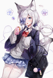  :o absurdres animal_ear_fluff animal_ears azur_lane bag bandaged_leg bandages blue_eyes blue_jacket blue_skirt blush bow bowtie commentary female food fox_ears fox_tail ghost grey_sweater hair_over_one_eye highres holding holding_food jacket kasumi_(at_school_with_foo)_(azur_lane) kasumi_(azur_lane) looking_at_viewer low_ponytail official_alternate_costume pantyhose plaid plaid_bow plaid_skirt pleated_skirt ponytail red_bow school_bag skirt sleeves_past_fingers sleeves_past_wrists solo sweater tail uchuunin white_pantyhose 